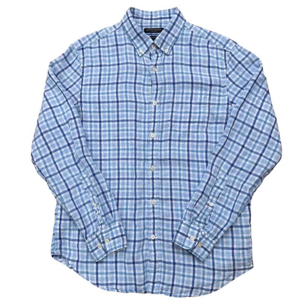 Banana Republic Shirt Mens M Long Sleeve Linen Camden Standard Fit Plaid Blue